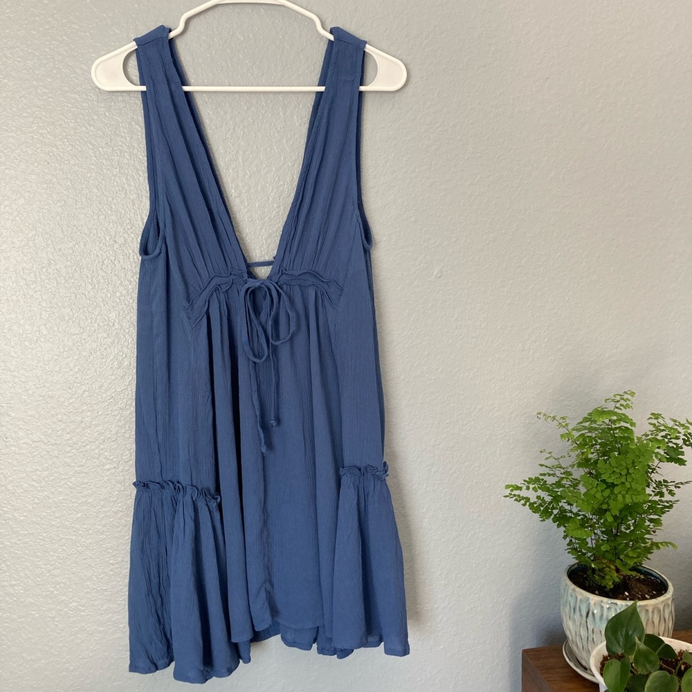 V-cut Loose Linen Blue Dress